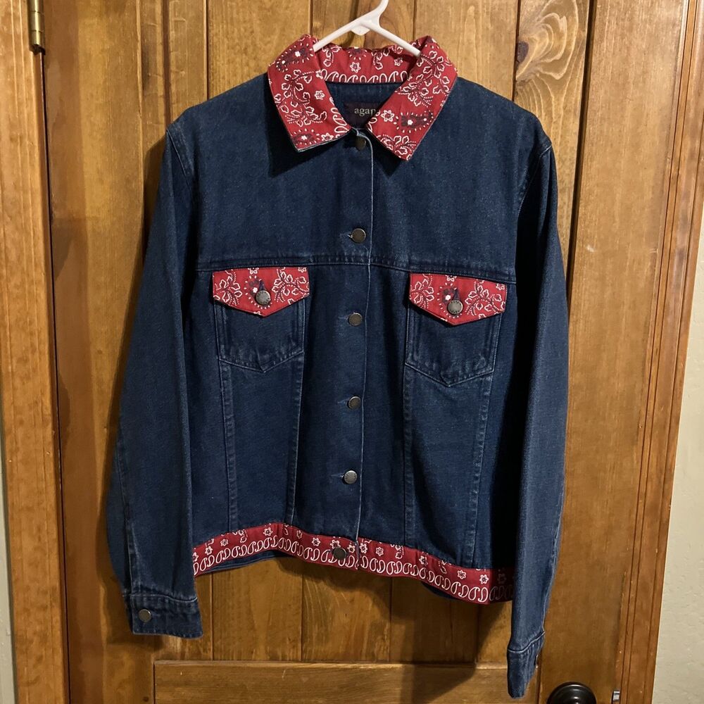Vintage Agapo Denim Jacket Red Bandana Accents - Women’s Medium